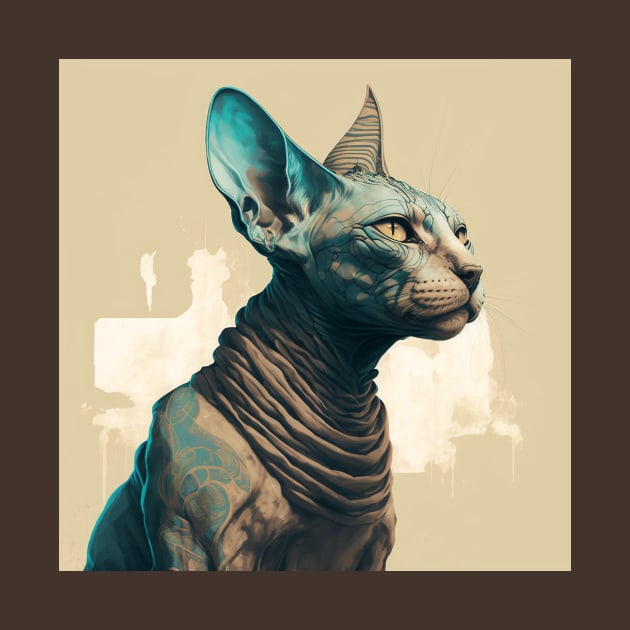 Illustration of a sphinx cat looking to the side on the beige background by KOTYA