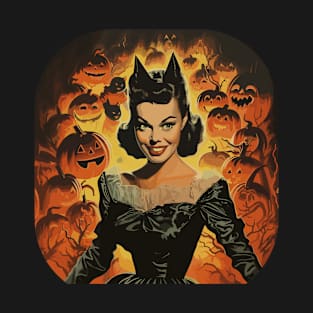 Retro Halloween Witch Girl with Pumpkins and Bats T-Shirt