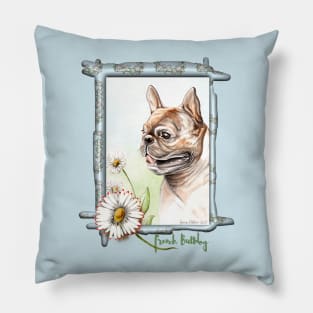 Brindle French Bulldog with Daisies. From an original painting. Pillow