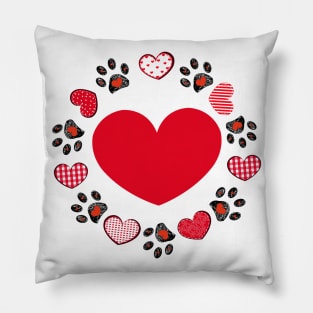 Retro red hearts and doodle paw prints Pillow