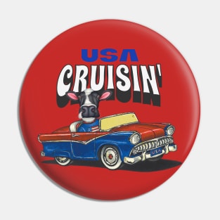 Humor and Funny cute Cow driving a classic car through the USA Pin