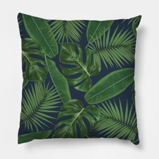 Tropical Green Leaves Pattern on Dark Blue Pillow