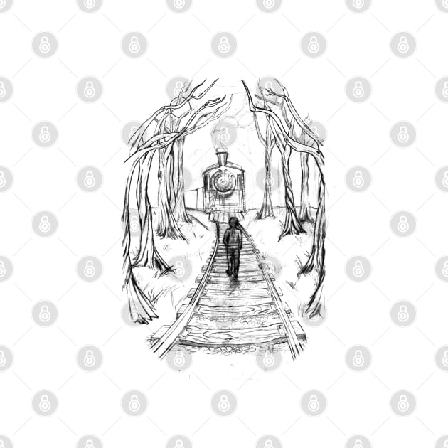 Old Railroad , Black and White boy and train in woods with moon landscape creepy Illustration by IrenesGoodies