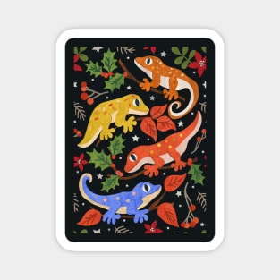 Colourful Christmas Geckos with Holly on Black Magnet