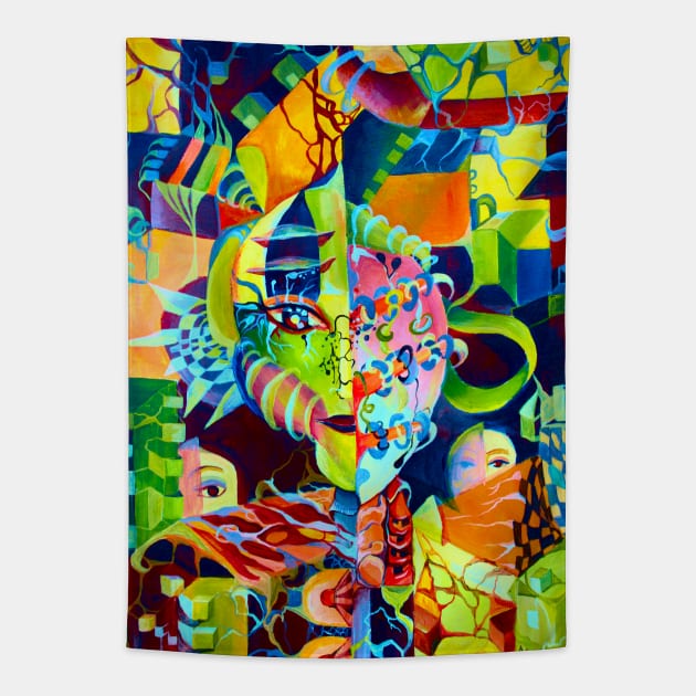 Pop Surreal Skull Maximalism Futuristic Artwork Tapestry by Nisuris Art