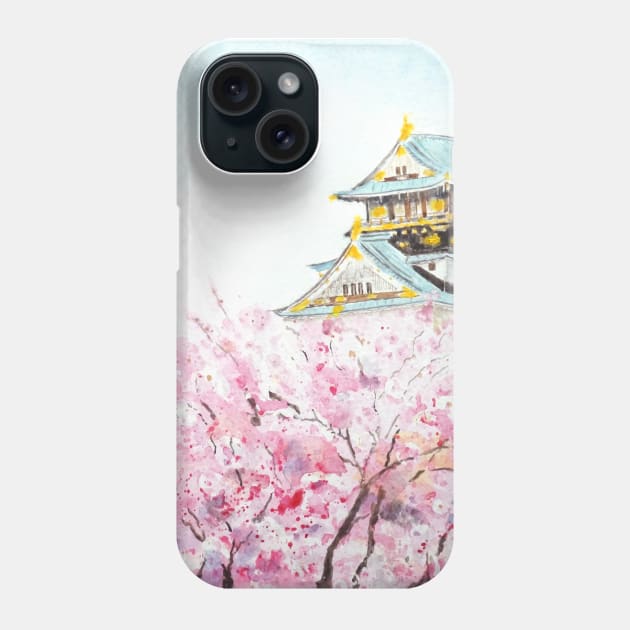 Japan Osaka castle and sakura watercolor painting Phone Case by colorandcolor