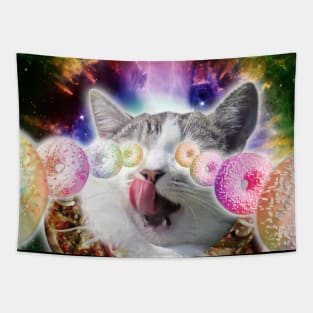 Funny Space Pizza Cat With Rainbow Laser Donut Eyes Tapestry