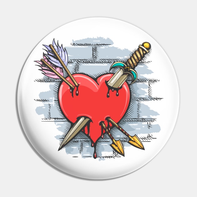 Heart Pierced by Dagger and Arrows Colorful Tattoo Pin by devaleta