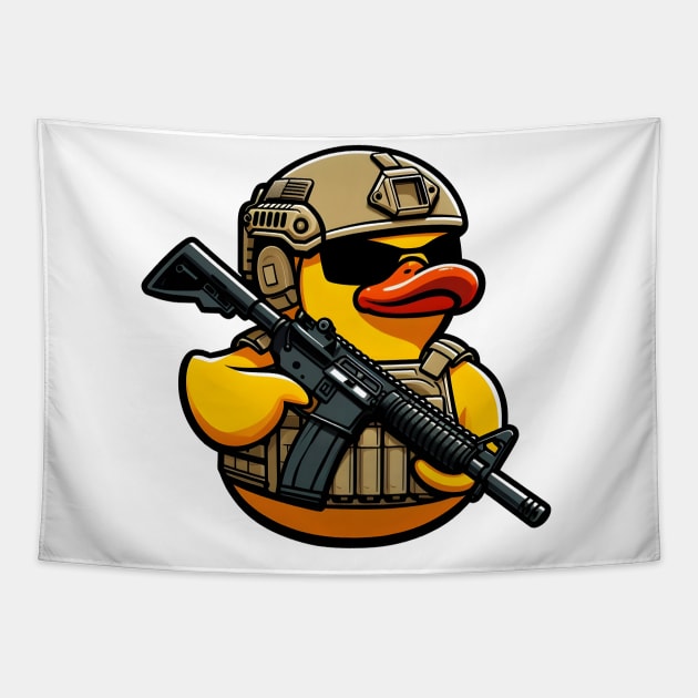 tactical Rubber Duck Tapestry by Rawlifegraphic