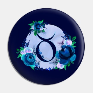 Taurus Zodiac Horoscope Blue Floral Monogram Pin