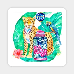 Preppy cheetah, macaw parrot and chinoiserie jar watercolor Magnet