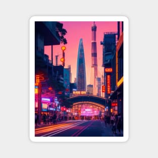 A bustling cityscape at twilight. Magnet