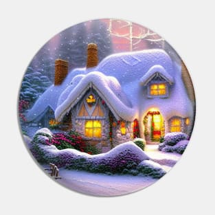 Magical Fantasy Cottage with Lights In A Snowy Scene, Scenery Nature Pin