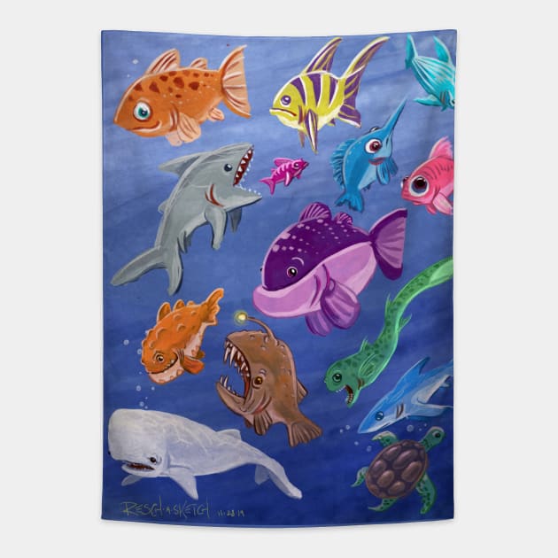 Scuba Sketch: Slate Fulla Fishies Tapestry by Dustin Resch