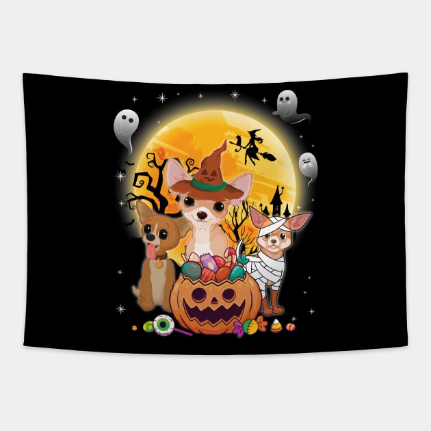Chihuahua Dog Mummy Witch Moon Ghosts Happy Halloween Thanksgiving Merry Christmas Day Tapestry by joandraelliot