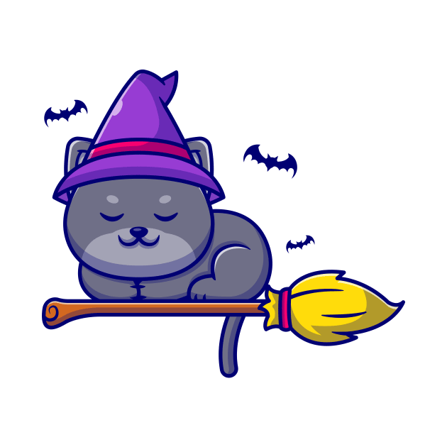 Cute Witch Cat Sleeping On Magic Broom Cartoon by Catalyst Labs