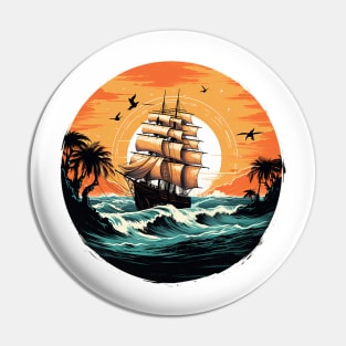 A vintage looking ship sails across the giant waves in a sunset enviornment Pin