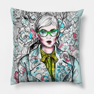 Woman Wearing Glasses in a Floral Pattern. Pillow