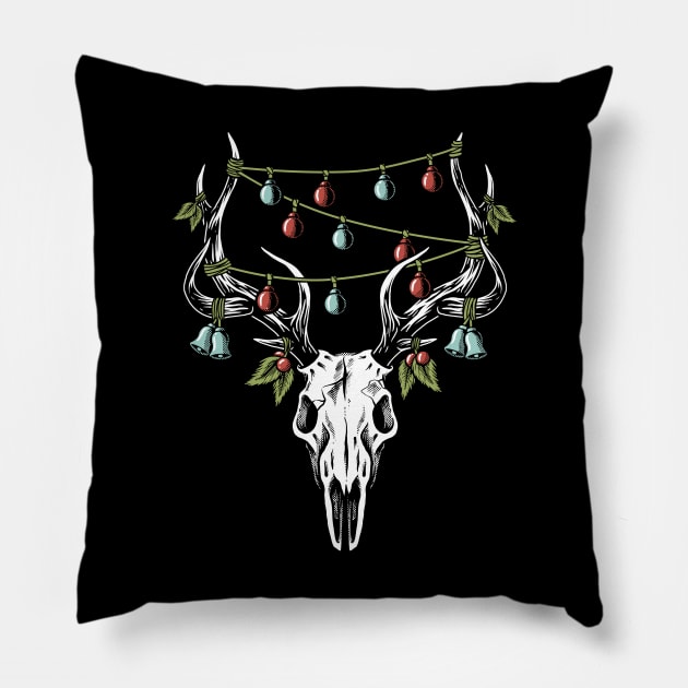 Christmas Reindeer Skull Decorations Pillow by dumbshirts