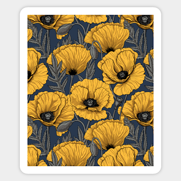 Yellow poppy garden on navy - Poppies - Sticker