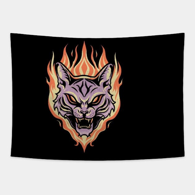 Flaming Cat Tattoo - Fierce Fire Kitty Tapestry by Goku Creations