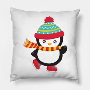 Christmas Penguin, Ice Skating Penguin, Hat, Scarf Pillow