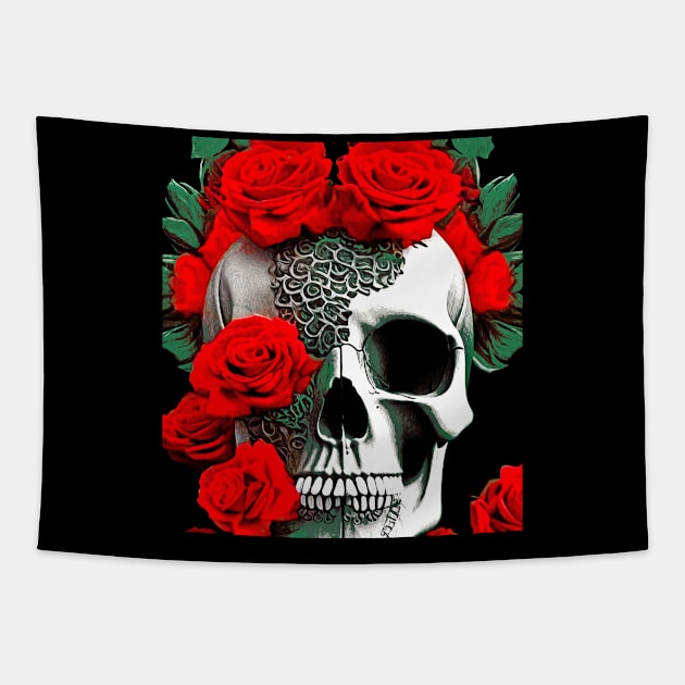 Skull with Roses Tapestry by RoxanneG