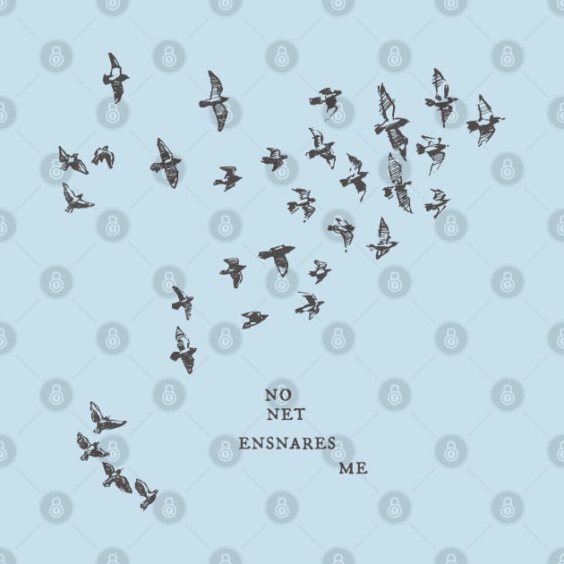 "No net ensnares me" + flock of birds - Jane Eyre quote, Charlotte Bronte (pale blue background) by Ofeefee