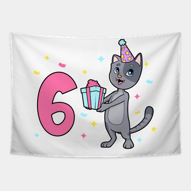 I am 6 with cat - girl birthday 6 years old Tapestry by Modern Medieval Design