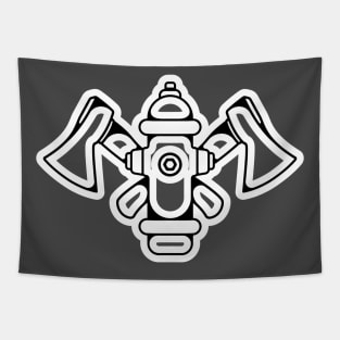 Ax hammer In Cross Sign with Fire Water Hydrant Sticker design logo. Fire department sticker logo design. Fire hydrant with fire axe hammer sticker vector design. Tapestry