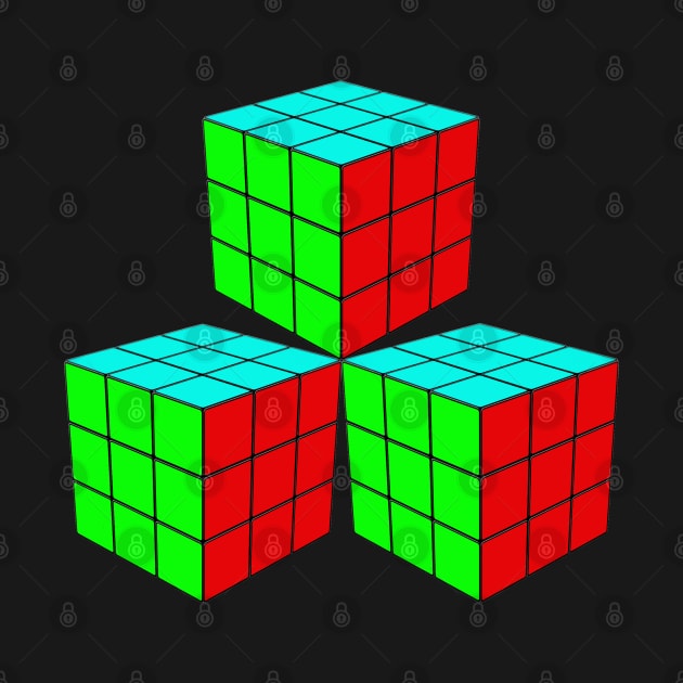 Three Rubik Cubes in a Triangle - Green, Light Blue and Red by The Black Panther