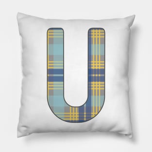 Monogram Letter U, Blue, Yellow and Grey Scottish Tartan Style Typography Design Pillow