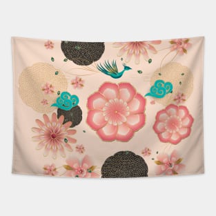 Floral Ornament, Flying Peacock Spring Peach Garden, Decorative Pink Flowers, blossom sakuras BOHO Tapestry