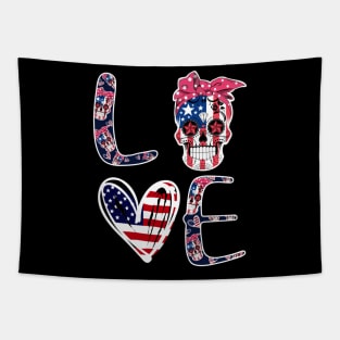 Sugar Skull Heart American Flag 4th of July Patriotic Tapestry