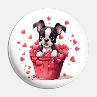 Cartoon Boston Terrier Dog in Hearts Basket Pin