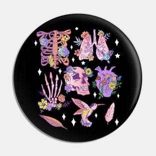 Pastel Goth Floral Morbid Anatomy Witchy Heart, Lungs, Ribcage Pin