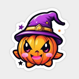 Cute angry pumpkin with purple hat Magnet