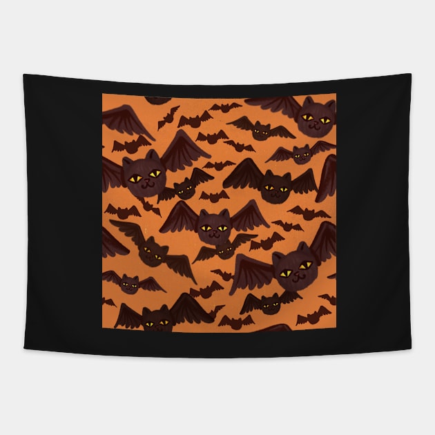 spooky halloween pattern with lots of cat-bats light orange Tapestry by ArtInPi