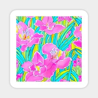 Preppy pink, turquoise and yellow large scale orchids Magnet