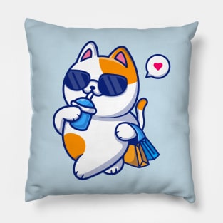 Cute Cat Drink And Holding Bag Cartoon Pillow