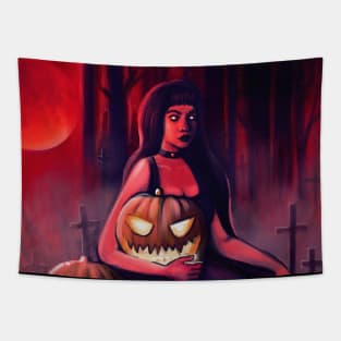 Young cute witch with Halloween Pumpkins Tapestry