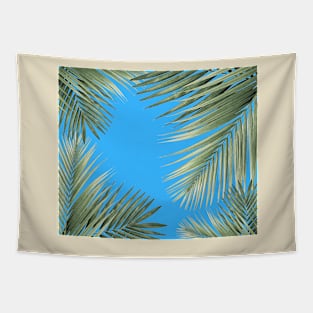 Nature Jungle Minimal Vibrant Modern Boho Illustration, Tropical Botanical Palm Leaves Blue Sky Tapestry