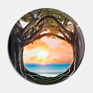 Surreal Banyan Tree Sunset Window Pin