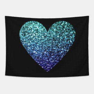 Teal and Dark Blue Ombre Faux Glitter Heart Tapestry