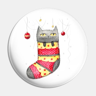 Cat inside Christmas sock. Hand draw watercolor illustration Pin