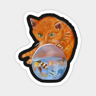 Curious kitten with Aquarium Globe - cute ginger cat with Octopus squid and friends  tropical Coral reef fish rainbow coloured / colored   fish and octopus swimming under the sea Magnet