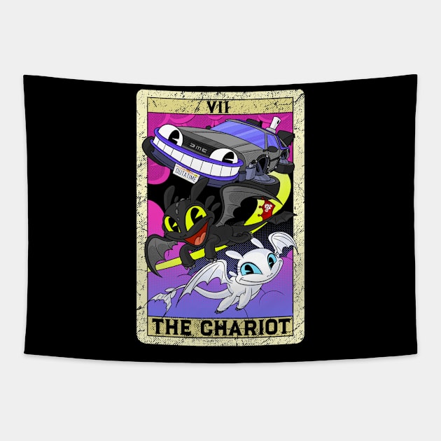 The Chariot DeLorean DMC Tarot Card Toothless Old Timey Cartoon Tapestry by Juandamurai