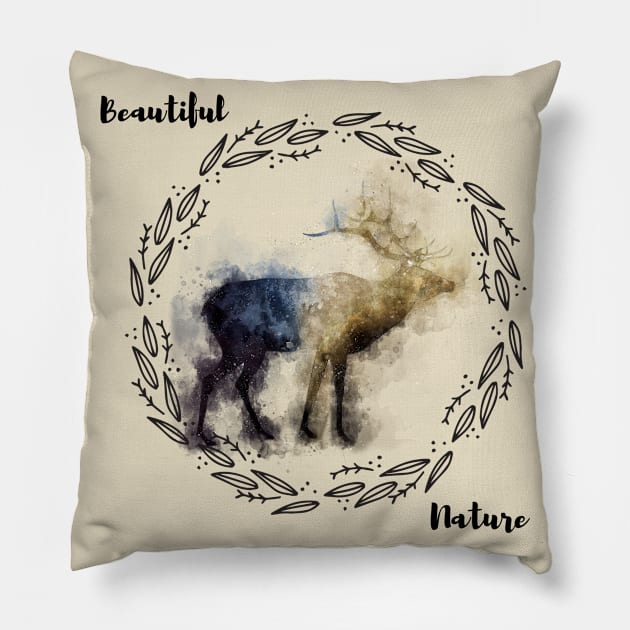 Beautiful Nature Deer Watercolor Design Pillow by Underthespell