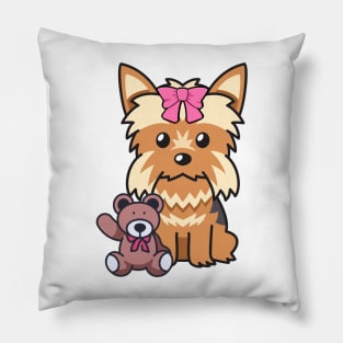 Cute Yorkshire terrier holds a teddy bear Pillow