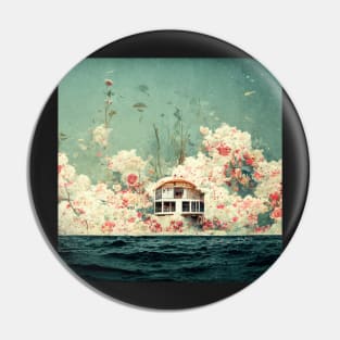 Vintage floral house in the middle of ocean art print Pin